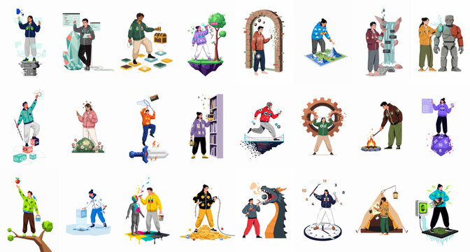 Metaphorical flat illustrations set of programmers and developers engaged in software engineering, debugging, coding, data management, and creative technology tasks in fantasy settings.