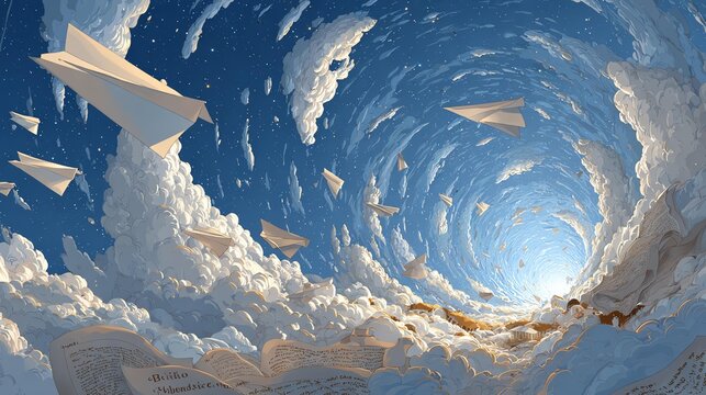 A whimsical sky filled with paper airplanes soaring through fluffy clouds towards a bright blue horizon.