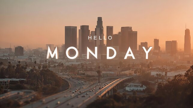 A stunning city skyline at sunset, symbolizing the beginning of a new week with optimism and potential.