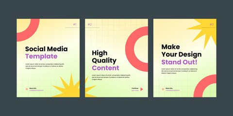 Set of three modern carousel slide templates for social media marketing, featuring a retro y2k aesthetic with grid backgrounds, pastel gradients, starbursts, and geometric shapes. © abworks