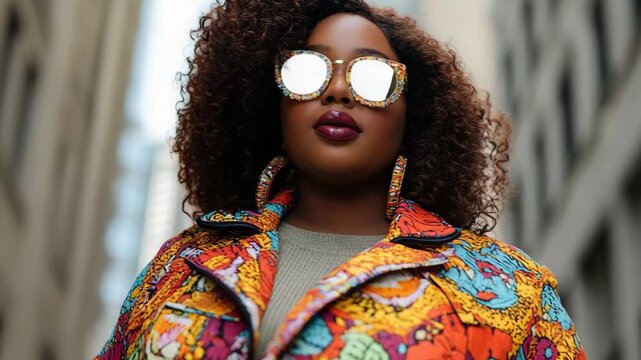 close up confident plus size model in urban fashion outfit