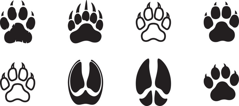 Wolf, Bear, Lion, Tiger, Elephant, Deer, Horse, Dog, Cat, foot prints set vector. Set of various animal footprints, including bear, wolf, deer, and wild boar tracks