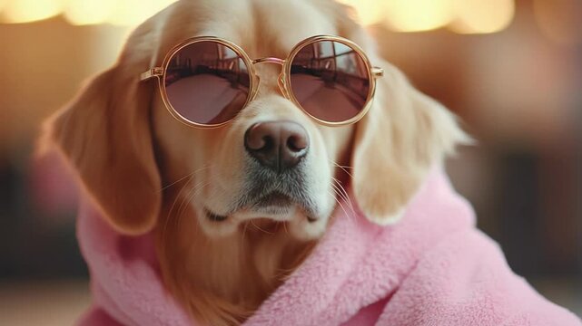 close up charismatic dog wearing sunglasses in urban setting