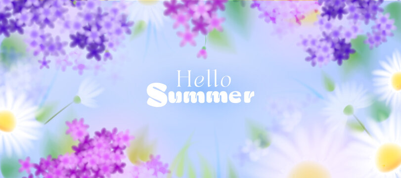 Soft blurry Summer background with lilac and chamomile, blue sky, green foliage, purple and white flowers, abstract floral vector pattern, meadow garden, nature, plant