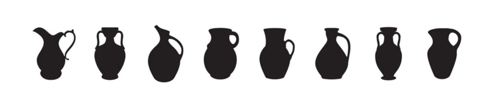 Array of different jug and pitcher silhouettes illustrates various vessel styles for liquid storage and pouring in kitchen settings. Set of Jug different silhouette, vector illustration.
