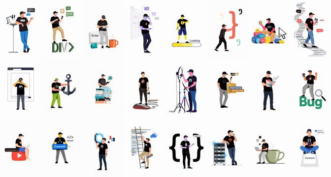 A diverse collection of flat vector illustrations featuring a male web developer and content creator engaged in coding, design, and digital production.