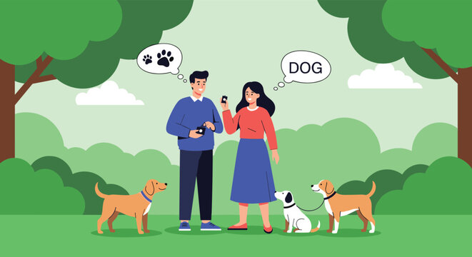 Man and woman walking their dogs in a lush green park and having a conversation about their pets with speech bubbles.