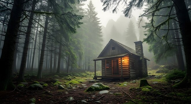 Cozy wooden log cabin with warm glowing windows tucked away in a mysterious and misty pine forest.