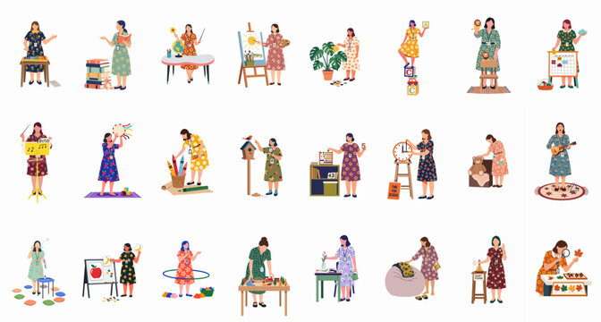 A diverse collection of female teachers and educators performing various preschool and kindergarten classroom activities, including art, music, science, and reading.