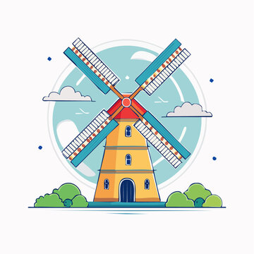 Stylized illustration of a Dutch windmill with colorful blades and yellow tower