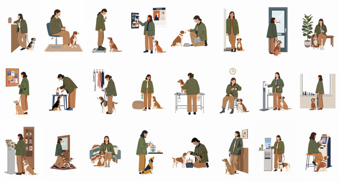 Flat illustration set of a young woman and her beagle dog in various scenes at a veterinary clinic, animal shelter, or pet store.