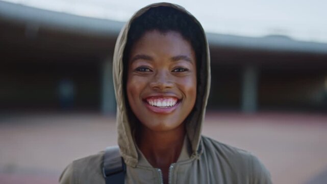 Face, black woman and student with smile outdoor for education, scholarship and study abroad. Portrait, female person and happy at university campus, learning opportunity and confidence for knowledge