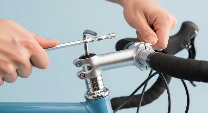 Hands tightening bicycle handlebar stem with allen wrench, close-up