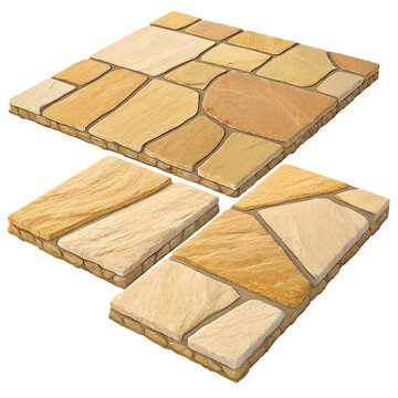 Natural sandstone flagstone paving tiles on white background.