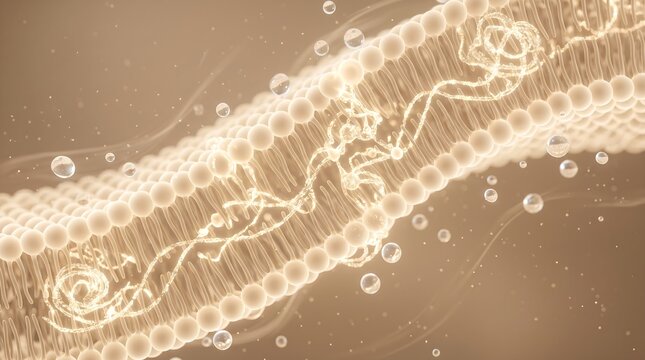 Illustration of a DNA double helix structure with molecular bonds and particles floating around it.