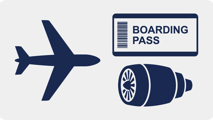 Flat vector aviation travel icons with airplane silhouette, boarding pass ticket, and jet engine turbine. Perfect for airline booking apps, airport UI, flight infographic, and tourism design. © yossi
