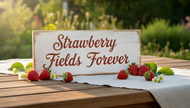 Rustic wooden strawberry fields forever sign on a garden table with fresh berries for a local strawberry harvest concept in golden hour light