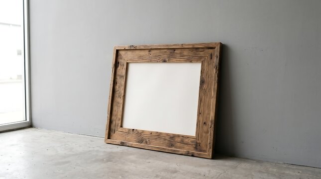 An empty rustic wooden picture frame leans against a gray wall indoors.