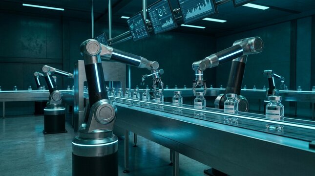 State of the art robotic manipulators sorting medicine bottles on a modern factory conveyor belt with dark teal lighting ideal for showcasing industrial biotechnology concepts