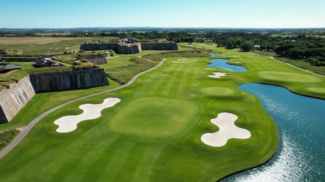 Aerial view of a historic fortress and golf course on a bright sunny day overlooking the expansive landscape