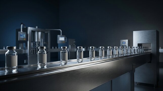 Cinematic dark lighting on a row of sterile medical vials moving along an industrial steel conveyor belt in a modern pharmaceutical plant