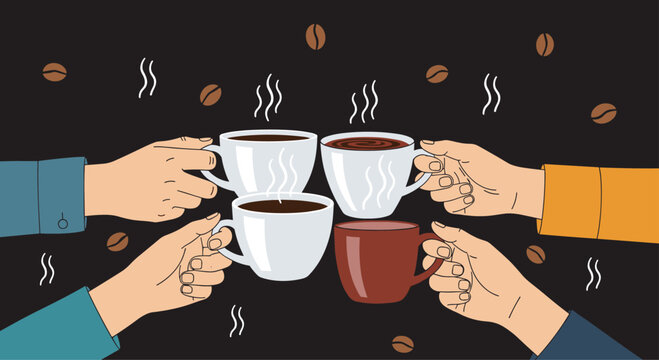 Group of people holding coffee cups together for a toast with floating roasted beans on a dark coffee shop background.