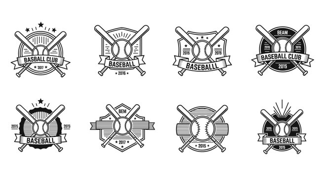Vintage baseball club emblems and logos featuring crossed bats and balls in various classic decorative shield frames.