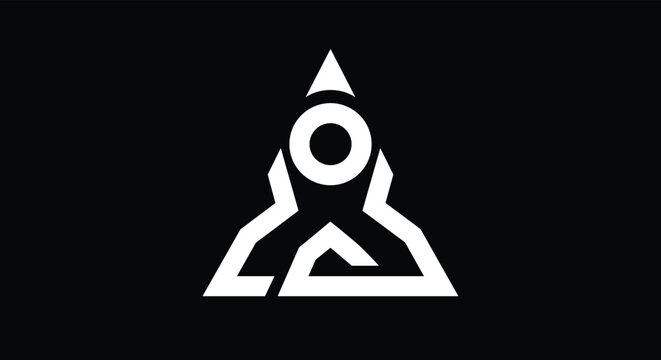 Minimalist white geometric logo design featuring a stylized rocket or abstract shape centered on a solid black background.
