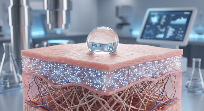 3D Rendering Clear Serum Drop on Human Skin Layers with Visible Collagen Fiber Network in Laboratory Setting.
