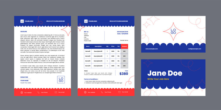 Corporate identity branding template set including letterhead, invoice design, and business cards featuring blue and red scalloped waves with abstract line art.