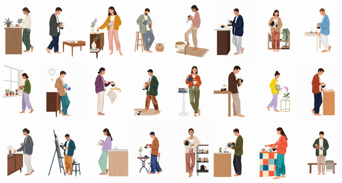 Flat vector illustrations of diverse people brewing and pouring coffee or tea at home in cozy, comfortable loungewear and pajamas.