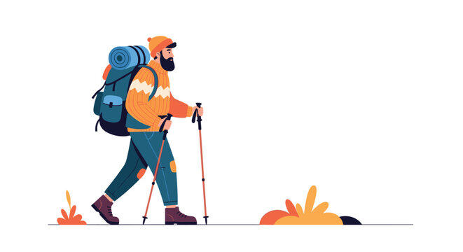 Single hiker with a large blue backpack and walking poles trekking through a minimalist landscape with orange plants.