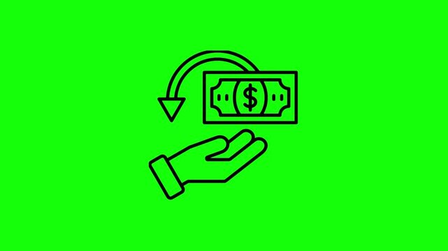 Animated icon illustrating a money refund or cashback transaction with a dollar bill returning to an open hand on a vibrant green screen background, ideal for financial concepts.