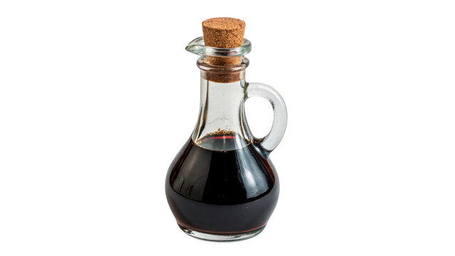 Small glass bottle with dark balsamic vinegar or soy sauce for kitchen culinary food seasoning cooking isolated on transparent background cut out