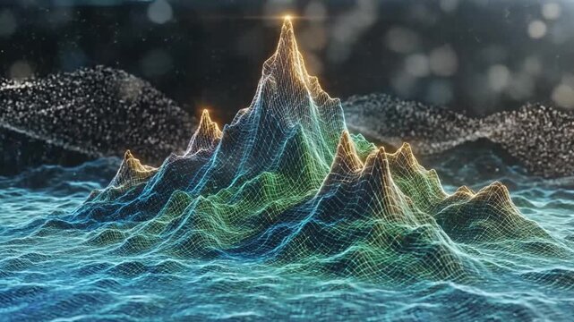 Abstract data visualization of a mountain range with sparkling particles and bokeh effects in space