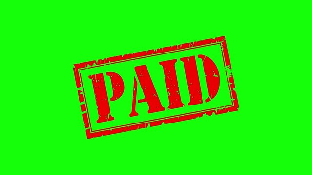 Animated red 'PAID' grunge rubber stamp appearing and disappearing with a dynamic effect on a vibrant green screen, signifying completed financial transactions.