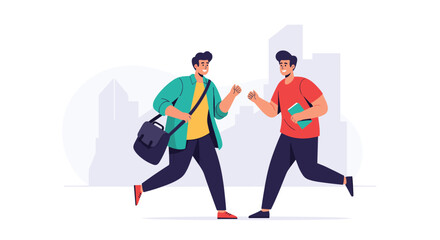 Fototapeta premium Two energetic young men in casual attire run towards each other to greet with a high five against a city backdrop.