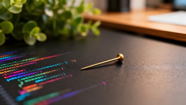Golden pin on a screen with code