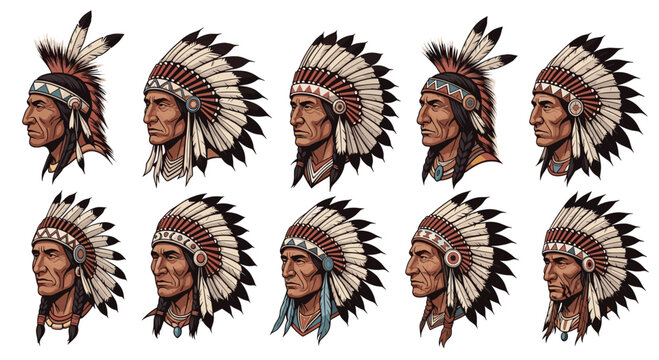 Collection of indigenous american portraits wearing traditional feather headdresses with detailed facial features and diverse designs.