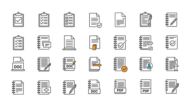 Comprehensive set of document management icons including clipboards, notebooks, folders, and various file formats like PDF and DOC.