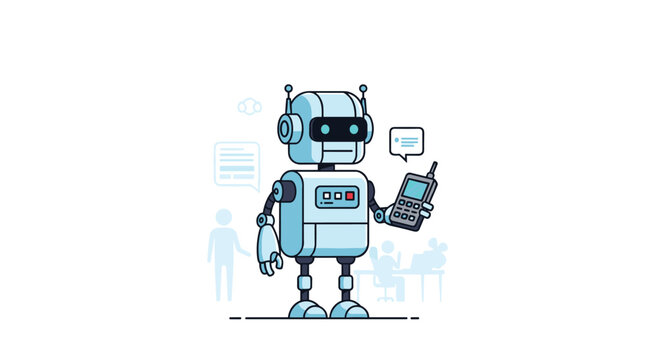 Friendly robot assistant holding a mobile phone representing automated customer service and artificial intelligence technology.