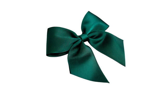 Elegant dark green satin fabric ribbon tied into a beautiful bow for luxury gift packaging decorations isolated on transparent background cut out