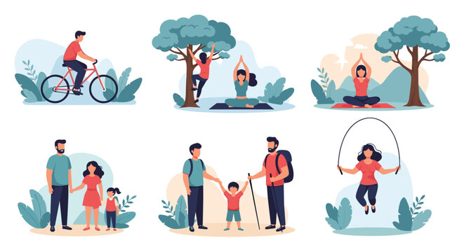 Collection of character illustrations showing people engaged in outdoor activities like yoga, hiking, cycling, and climbing.