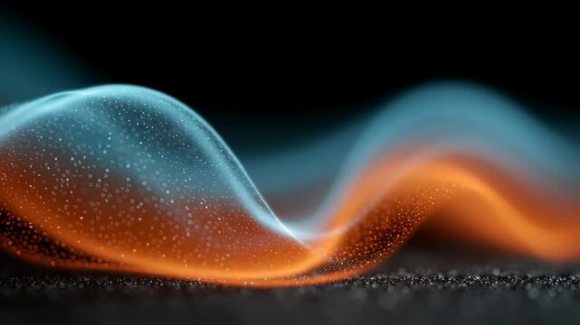 Flowing waves of blue and orange light with sparkling particles create a mesmerizing visual effect against a dark background, showcasing dynamic movement and fluidity