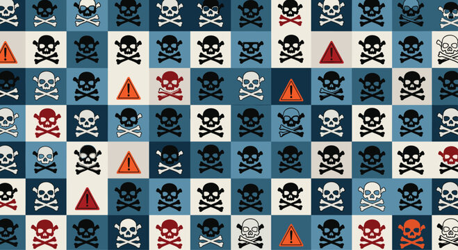 Repeating pattern of skull and crossbones icons interspersed with red hazard warning triangles on a blue and white grid.