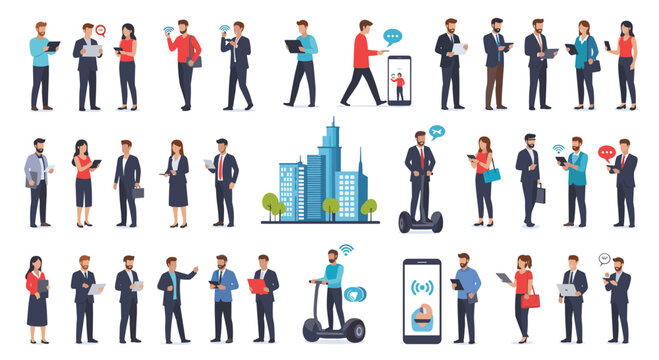 Large collection of diverse people using smartphones and tablets in various urban and business scenarios around a city icon.