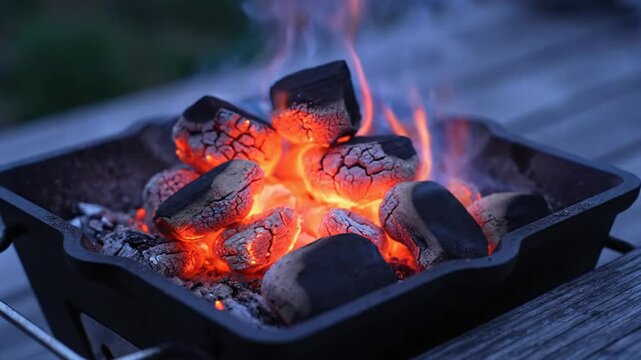 Burning Charcoal Briquettes in a Portable Square Grill with Flames and Smoke Against a Soft Background