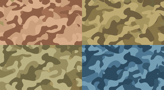 Set of four different camouflage patterns in classic desert, forest, urban blue, and olive green military colors.