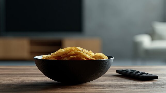 Crispy snack in a bowl sits on a wooden table, TV and armchair in background