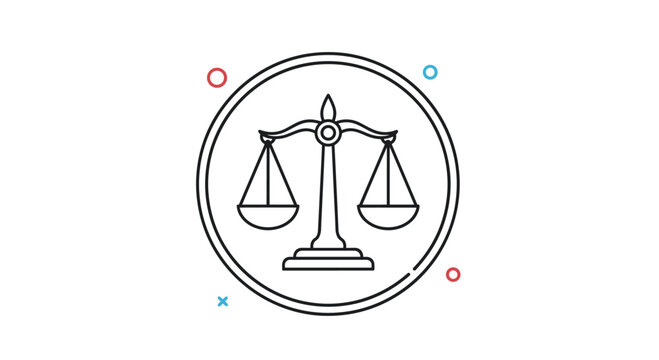 Minimalist line art icon representing scales of justice within a circular frame symbolizing law, equality, and judicial balance.